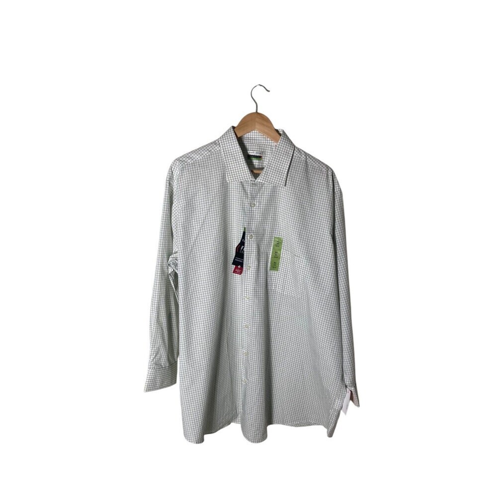 Van Heusen Dress Shirt Men's Size 18.5 32 / 33 White Green Plaid Flex Collar